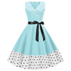 V Neck Belted Polka Dot Trim A Line Dress