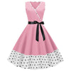 V Neck Belted Polka Dot Trim A Line Dress