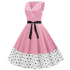 V Neck Belted Polka Dot Trim A Line Dress