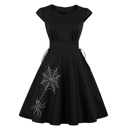 Women Dress Lace-up Embroidery Spider V Neck Zipper Cap Sleeve Big Hem