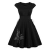 Women Dress Butterfly Embroidered Lace-up V Neck Cap Sleeve Big Hem