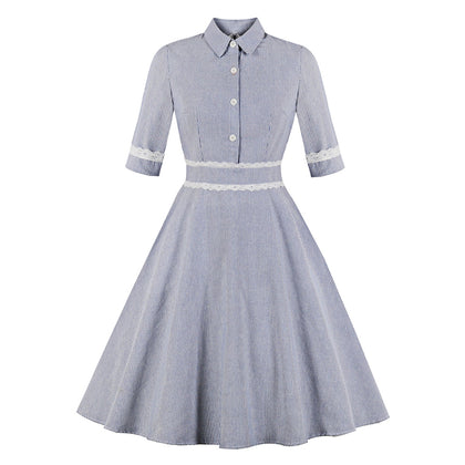 Women Dress Convertible Collar Button Lace Stripe Half Sleeve