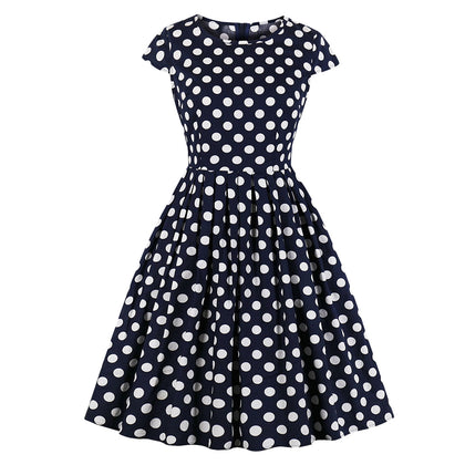 Vintage Polka Dot Dress Round Collar Cap Sleeve Big Hem for Summer