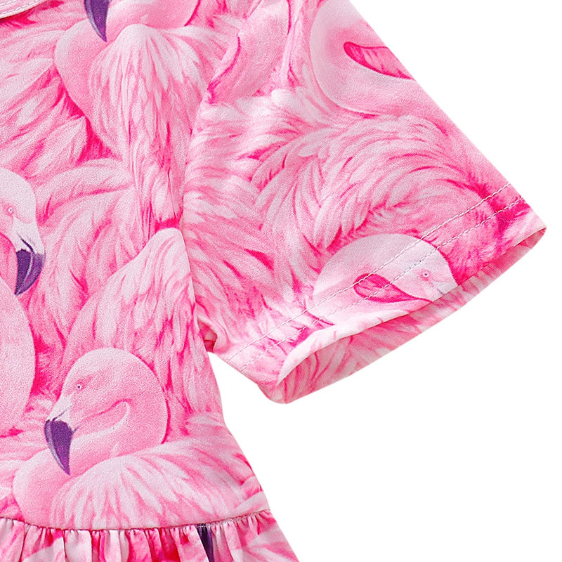 AD0018 Girls Dress Short Sleeve Round Neck Printed Bird Cute Pattern
