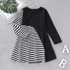 AD0021 Girls Dress Stripe Printed Long Sleeve Colour Blocking Round Neck