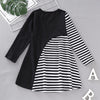 AD0021 Girls Dress Stripe Printed Long Sleeve Colour Blocking Round Neck