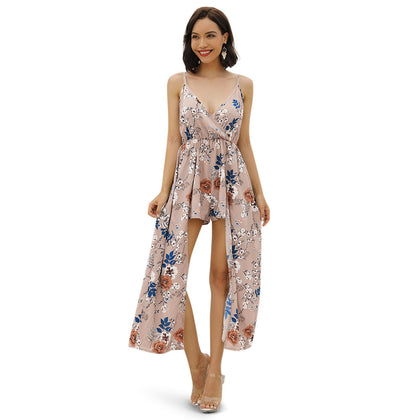 Floral Print Wrap Spaghetti Strap Women Jumpsuit with Hem