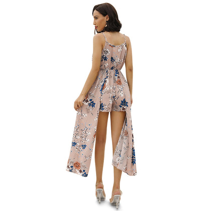 Floral Print Wrap Spaghetti Strap Women Jumpsuit with Hem