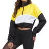 Women Pullover Stand Collar Color Blocking Long Sleeve Zipper Drawstring Crop Top