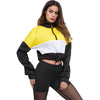 Women Pullover Stand Collar Color Blocking Long Sleeve Zipper Drawstring Crop Top