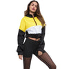 Women Pullover Stand Collar Color Blocking Long Sleeve Zipper Drawstring Crop Top