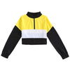 Women Pullover Stand Collar Color Blocking Long Sleeve Zipper Drawstring Crop Top