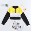 Women Pullover Stand Collar Color Blocking Long Sleeve Zipper Drawstring Crop Top