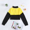 Women Pullover Stand Collar Color Blocking Long Sleeve Zipper Drawstring Crop Top