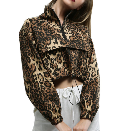 Leopard Print Pullover Zipper Tied-up Bottom Short Women Top