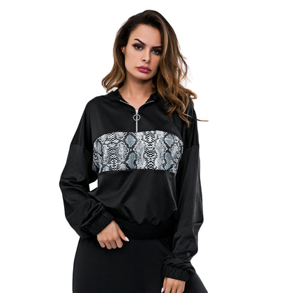 Snakeskin Print Hoodie Patchwork Zipper Long Sleeve Pullover