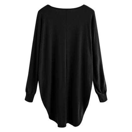 Women T-shirt Round Color Elastic Cuff Long Sleeves Solid Color Asymmetric Hem