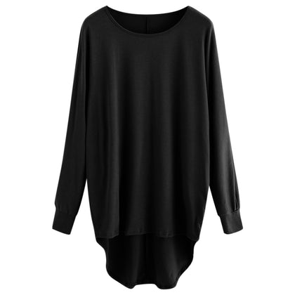 Women T-shirt Round Color Elastic Cuff Long Sleeves Solid Color Asymmetric Hem