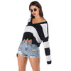 Women Pullover Sweater Knit V Neck Long Sleeve Color Blocking Wave Hem Crop Top