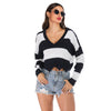 Women Pullover Sweater Knit V Neck Long Sleeve Color Blocking Wave Hem Crop Top