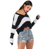 Women Pullover Sweater Knit V Neck Long Sleeve Color Blocking Wave Hem Crop Top