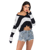 Women Pullover Sweater Knit V Neck Long Sleeve Color Blocking Wave Hem Crop Top