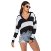 Women Pullover Sweater Knit V Neck Long Sleeve Color Blocking Wave Hem Crop Top