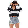 Women Pullover Sweater Knit V Neck Long Sleeve Color Blocking Wave Hem Crop Top