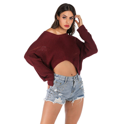 Irregular Knitted Women Pullover V-neck Long Sleeve Short Blouse Sweater