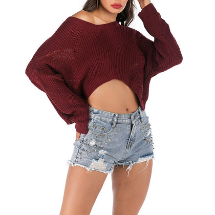 Irregular Knitted Women Pullover V-neck Long Sleeve Short Blouse Sweater