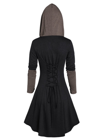 Hooded Glove Sleeve Lace-up Contrast Dress