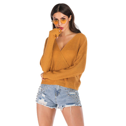Wrap-around Loose Sweater Long-sleeved Solid Color