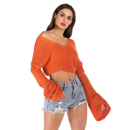 Women Pullover Sweater Lazy Style Solid Color V Neck Long Sleeve Crop Top