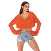 Women Pullover Sweater Lazy Style Solid Color V Neck Long Sleeve Crop Top