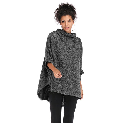 Women Cloak Coat Funnel Neck Bat Sleeve Loose Asymmetric Hem