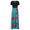Women Print Long Dress Spliced Round Collar Short Sleeve High Waist