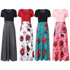 Women Print Long Dress Spliced Round Collar Short Sleeve High Waist