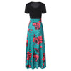 Women Print Long Dress Spliced Round Collar Short Sleeve High Waist