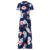 Floral Print Maxi Dress Round Collar A-line Waist Straps