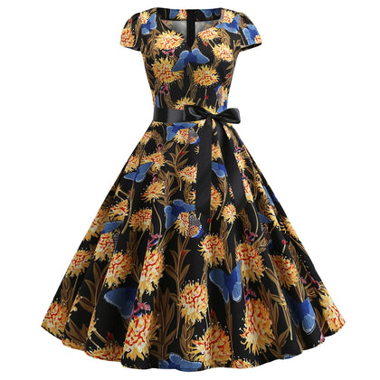 Floral Butterfly Print Dress Bowknot A-line Silhouette Women Wear