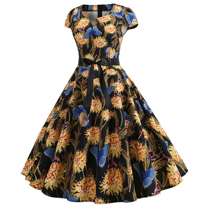 Floral Butterfly Print Dress Bowknot A-line Silhouette Women Wear