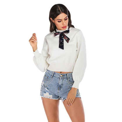Knitted Women Pullover Bowknot Decor Round Collar Crop Top