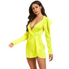 Women Dress Plunging Neck Lantern Sleeve Solid Pleat
