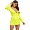 Women Dress Plunging Neck Lantern Sleeve Solid Pleat
