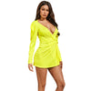 Women Dress Plunging Neck Lantern Sleeve Solid Pleat