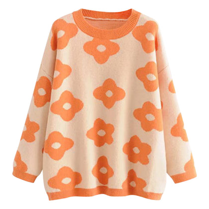 Floral Knitted Sweater Round Collar Casual  Women Pullover