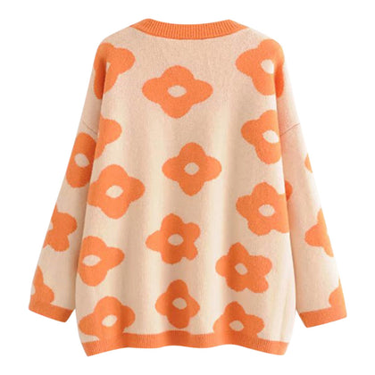 Floral Knitted Sweater Round Collar Casual  Women Pullover