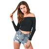 Elastic Women Crop Top Solid Color Long Sleeve Close-fitting T-shirt