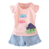 Girls 2-piece Suit T-shirt Shorts Cute Pattern Round Neck Ruffled Sleeves