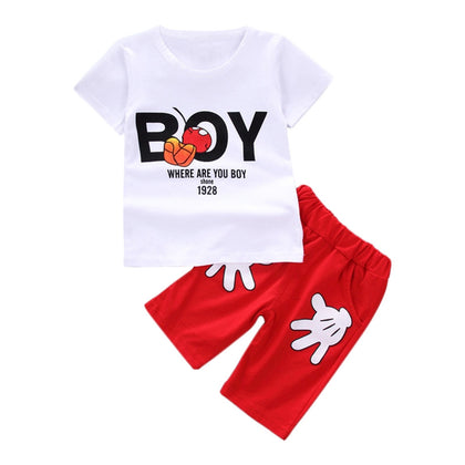 Boys 2-piece Suit T-shirt Shorts Cute Pattern Pockets Round Neck Short Sleeves